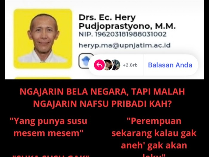 Mahasiswa UPN Jatim Ungkap Dugaan Ucapan Seksis Dosen Bela Negara, BEM Dalami Informasi