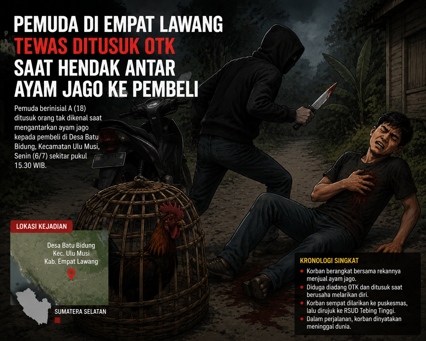 Pemuda di Empat Lawang Tewas Ditusuk Orang Tak Dikenal Saat Hendak Antar Ayam