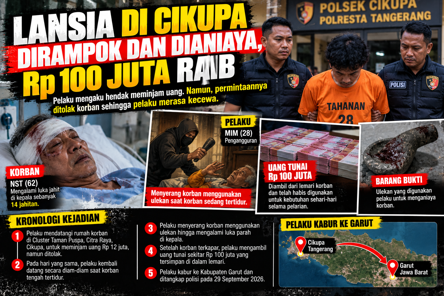 Lansia di Cikupa Diduga Dirampok dan Dianiaya, Uang Rp100 Juta Raib