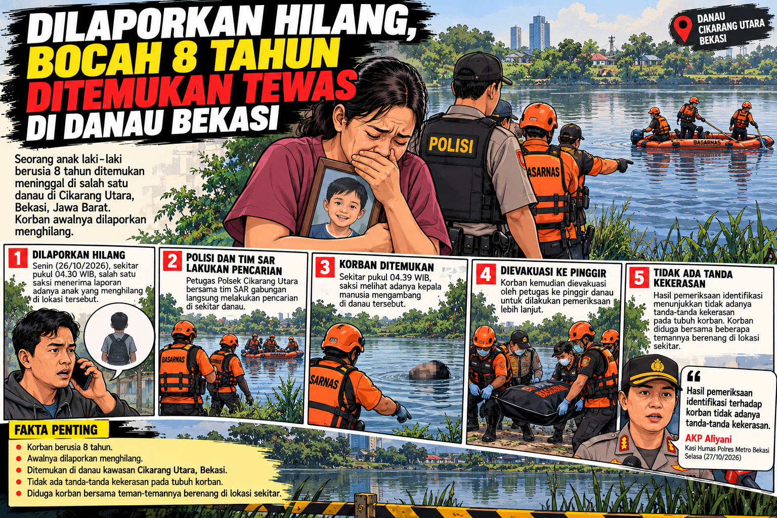 Dilaporkan Hilang, Bocah 8 Tahun Ditemukan Meninggal di Danau Cikarang Bekasi