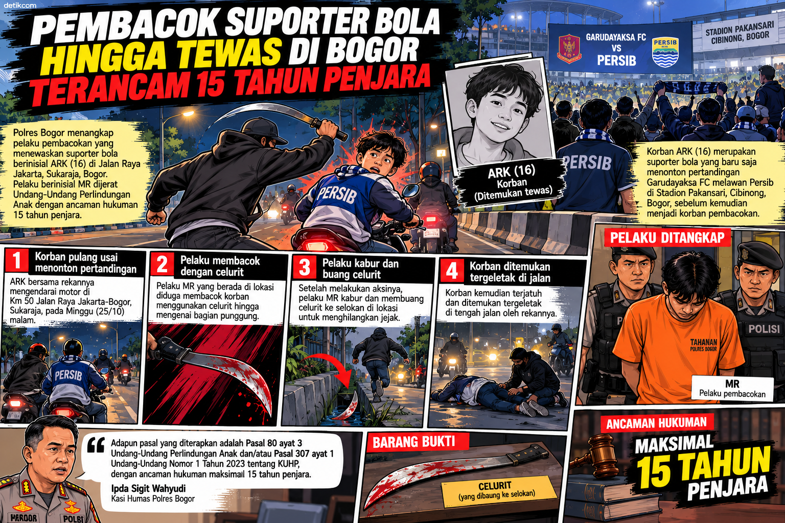 Pembacok Suporter Bola hingga Tewas di Bogor Terancam 15 Tahun Penjara