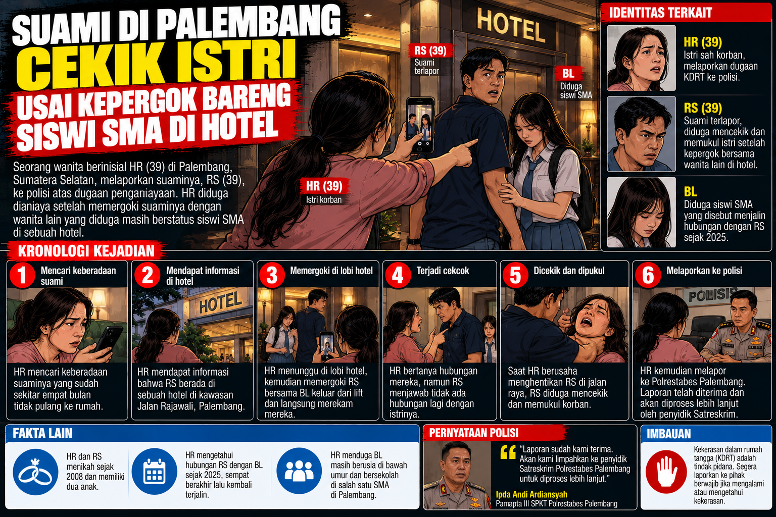 Istri di Palembang Diduga Dicekik Suami Usai Pergoki Bersama Siswi SMA di Hotel