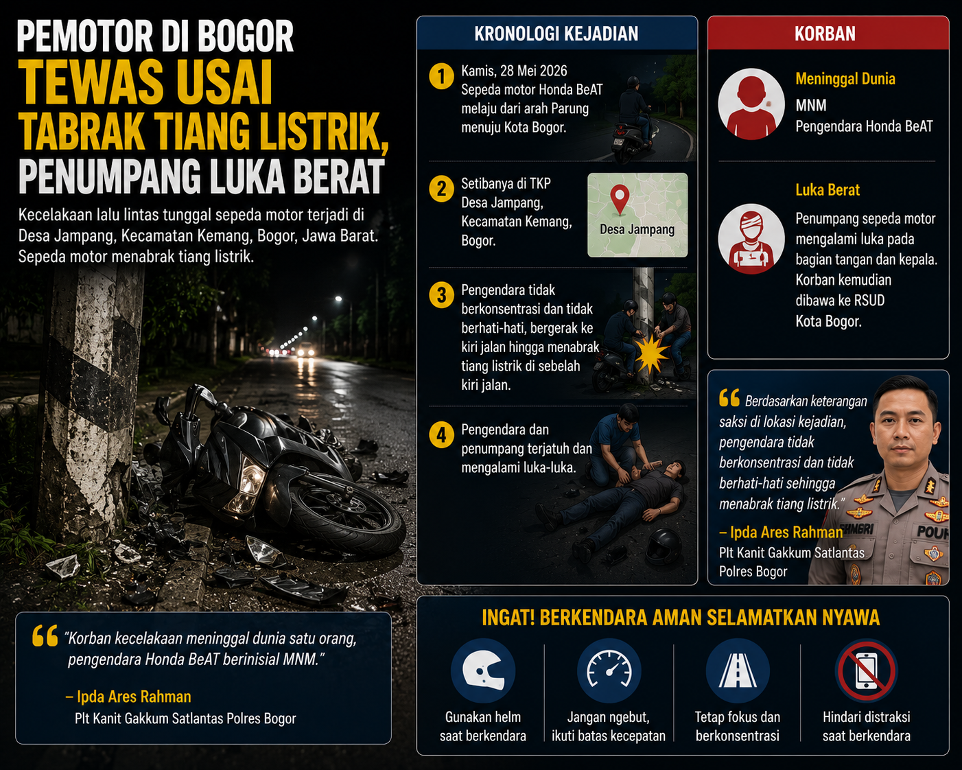 Motor Tabrak Tiang Listrik di Bogor, Pengendara Tewas dan Penumpang Luka Berat